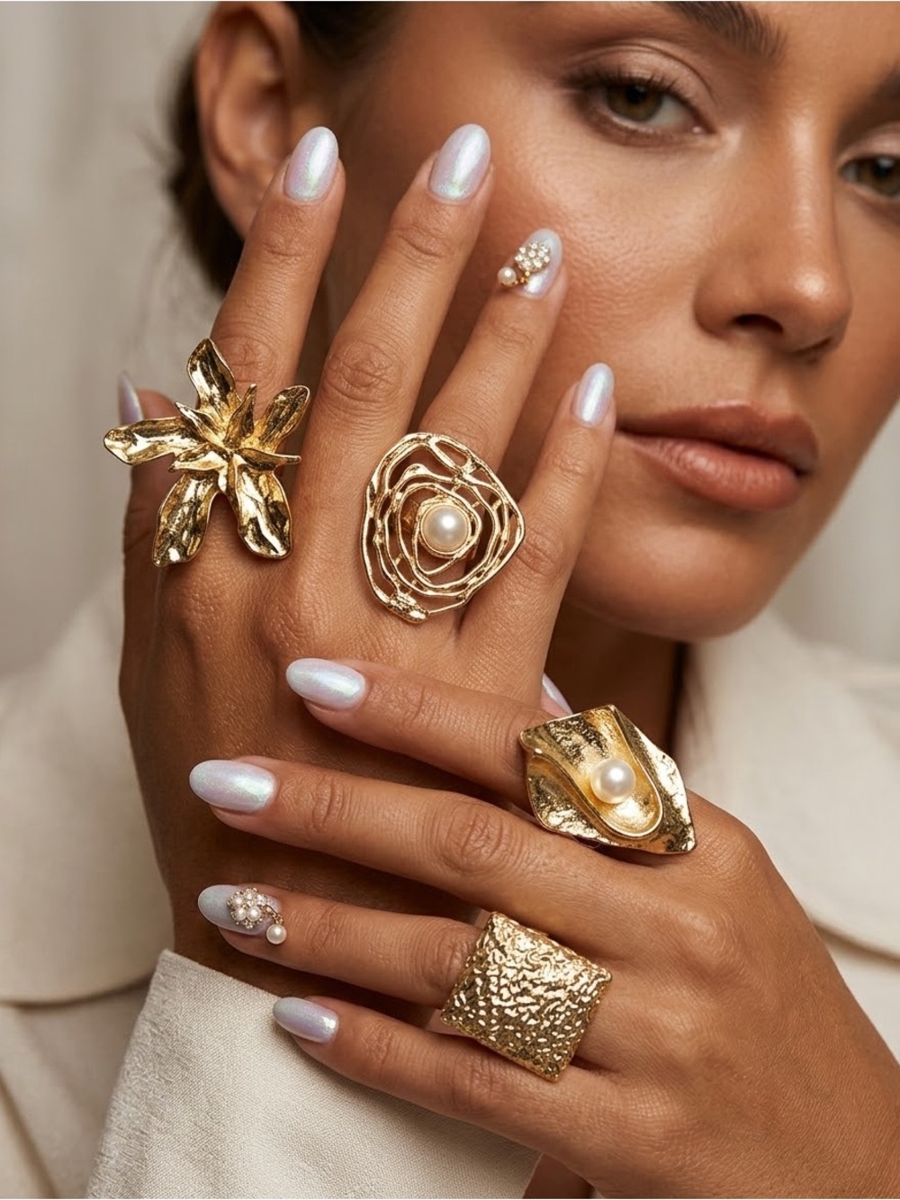 NEW Gold Pearl Statement Rings Set B05-01
